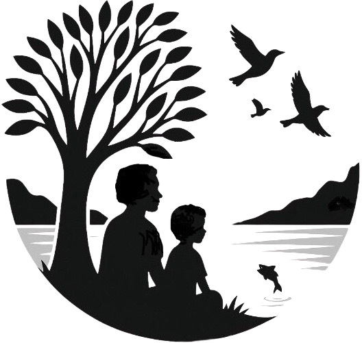 Logo for Art for Earth Bloomington. Features two people next to a tree, looking out over a lake with birds in the sky. Silhouettes.